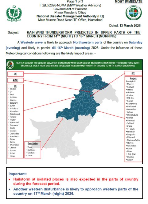 NDMA Weather Advisory dated 13 March 2026