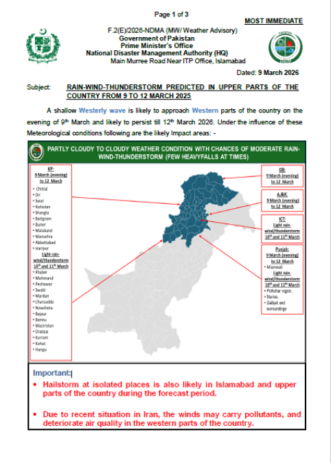 NDMA Weather Advisory dated 9 March 2026