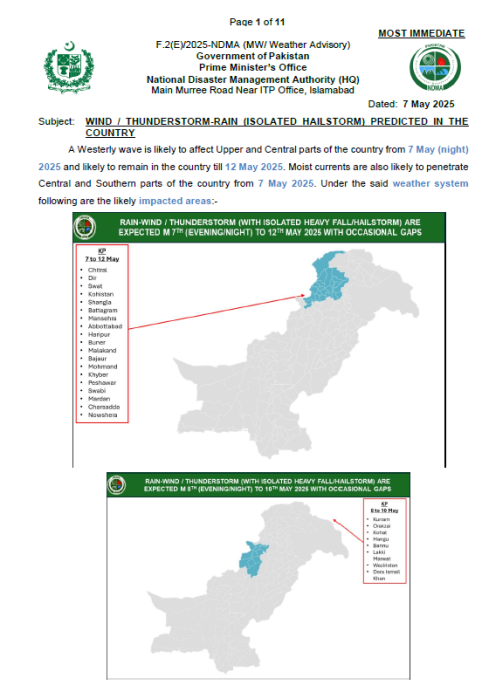 NDMA's  Weather Advisory Dated 7th May 2025