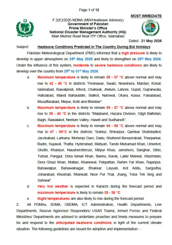 NDMA Heatwave Advisory (Eid Holidays) - 21 May 2026