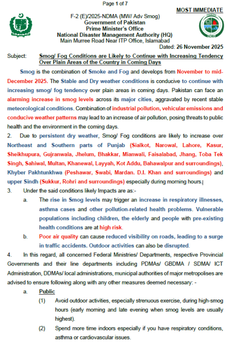 Smog/ Fog Conditions are Likely to Continue with Increasing Tendency Over Plain Areas of the Country in Coming Days