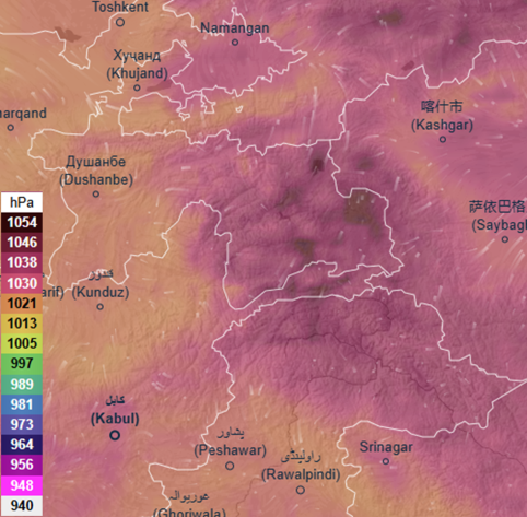 Continental high pressure surge over Central Asia