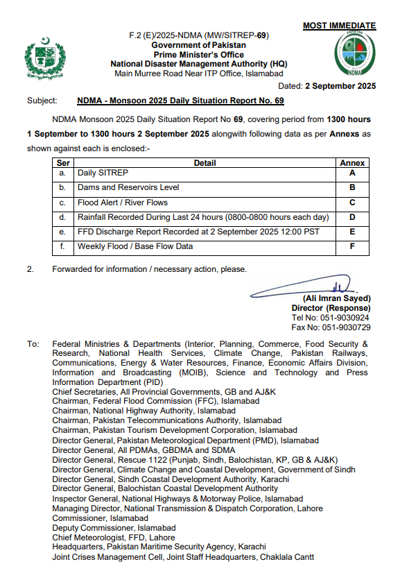 NDMA - Monsoon 2025 Daily Situation Report No. 69