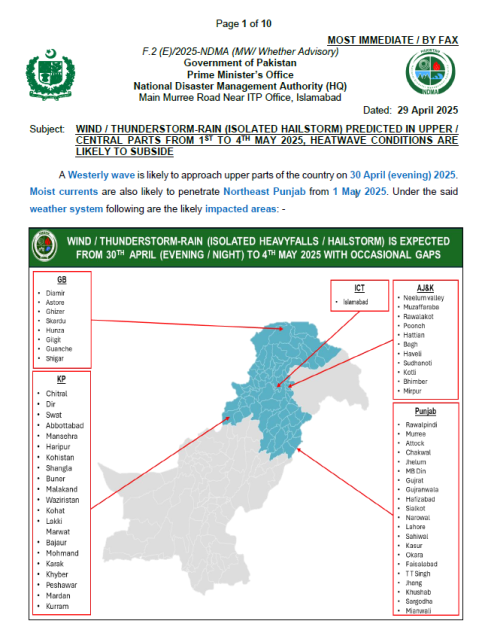 NDMA's Weather Advisory 29 April 2025 (1 May to 5 May 2025)