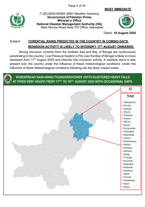 NDMA Weather Advisory - Dated 16th August 2025