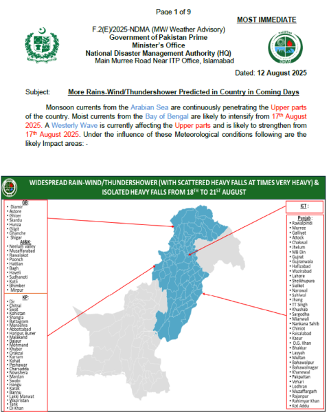 NDMA's Weather Advisory dated 12 August 2025 (18 - 22 August 2025)