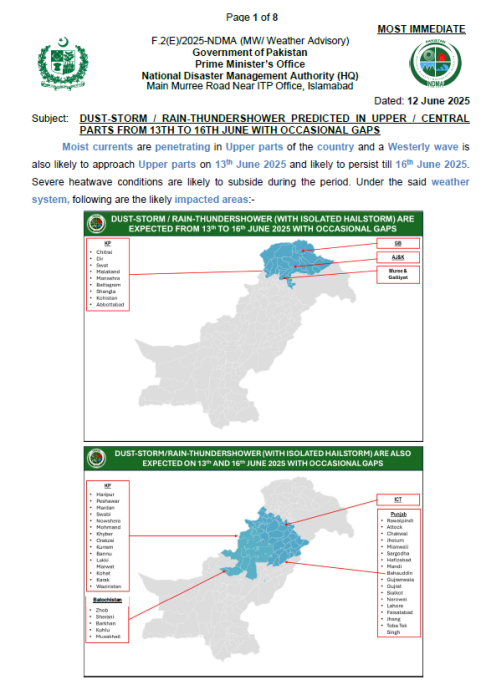 NDMA's Weather Advisory on 12 June 2025 (13 to 16 June 2025)