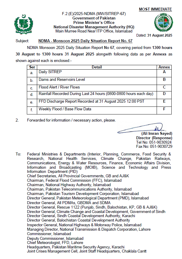 NDMA - Monsoon 2025 Daily Situation Report No. 67