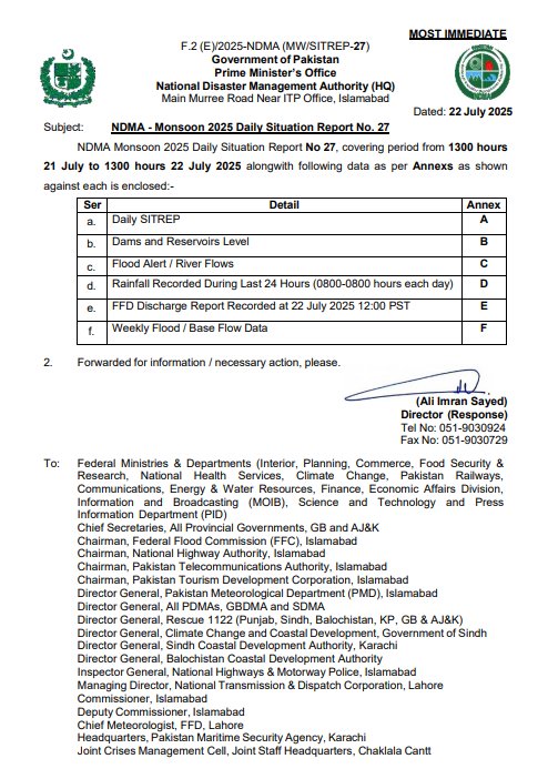 NDMA - Monsoon 2025 Daily Situation Report No. 27