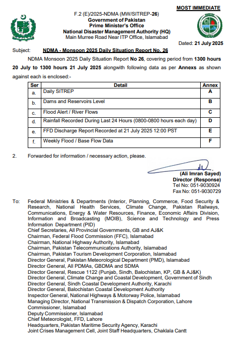 NDMA - Monsoon 2025 Daily Situation Report No. 26