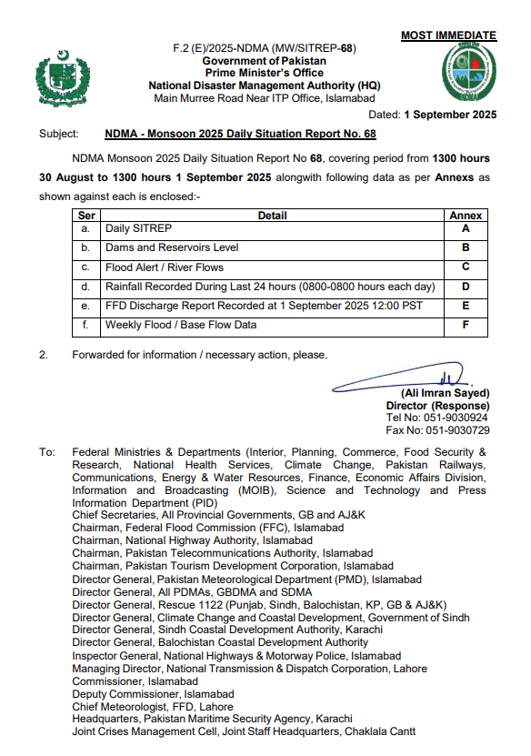 NDMA - Monsoon 2025 Daily Situation Report No. 68