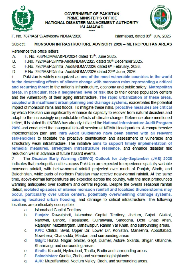 MONSOON INFRASTRUCTURE ADVISORY 2026 – METROPOLITAN AREAS OF PAKISTAN