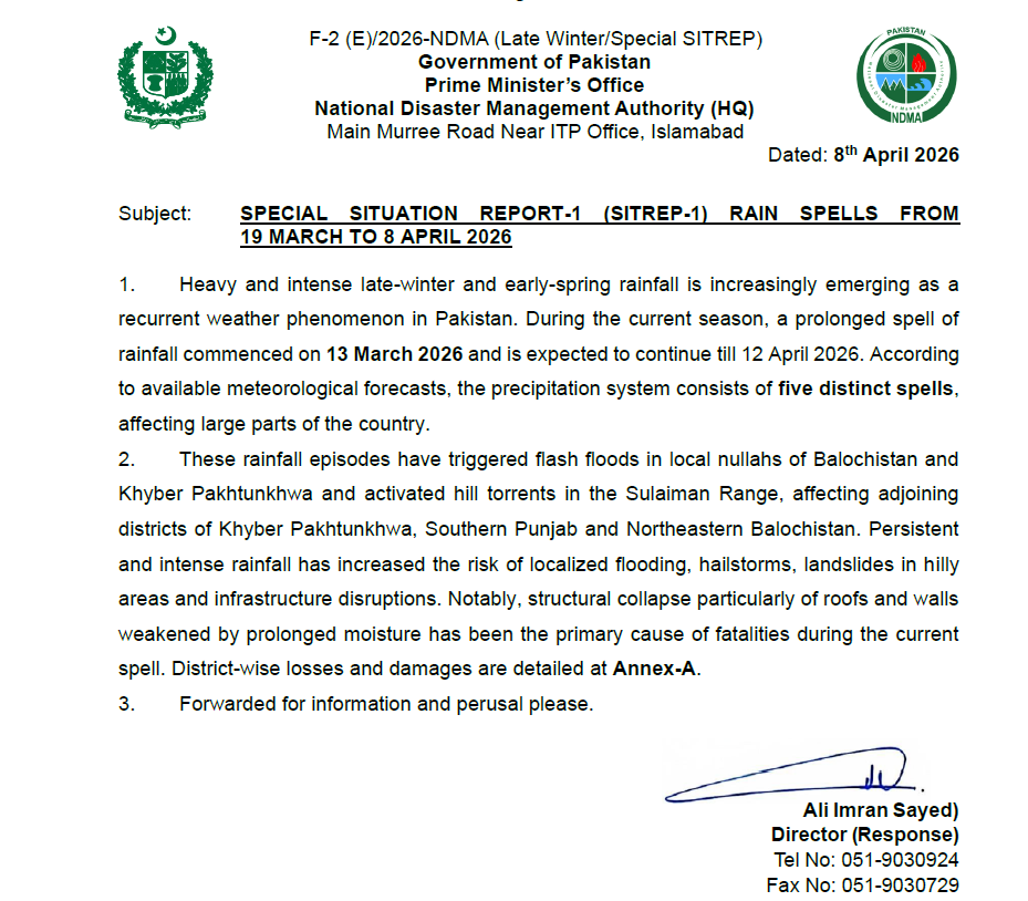 NDMA SPECIAL SITUATION REPORT-1 (SITREP-1) 8 APRIL 2026