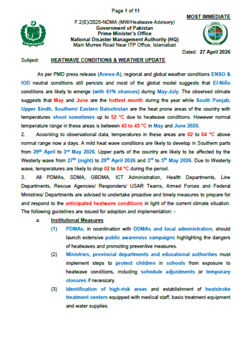 NDMA Heatwave - Weather Advisory ( 27 April  2026)