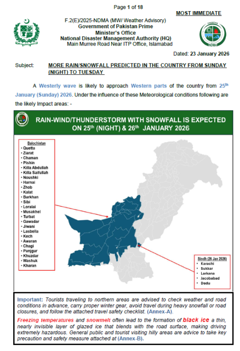 NDMA's Weather Advisory dated 23 Jan 2025