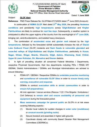 NDMA GLOF Alert - 1 June 2026