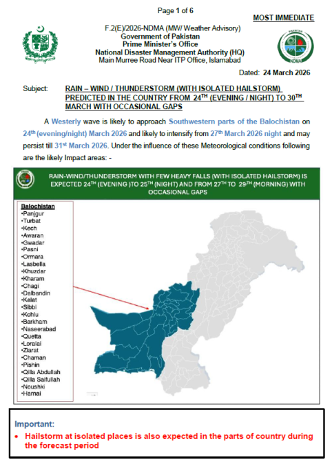 NDMA Weather Advisory - 24 March 2026
