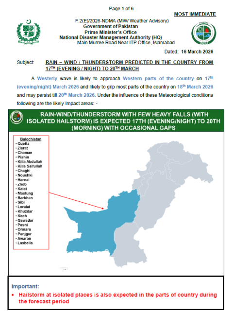 NDMA Weather Advisory dated 16 March 2026